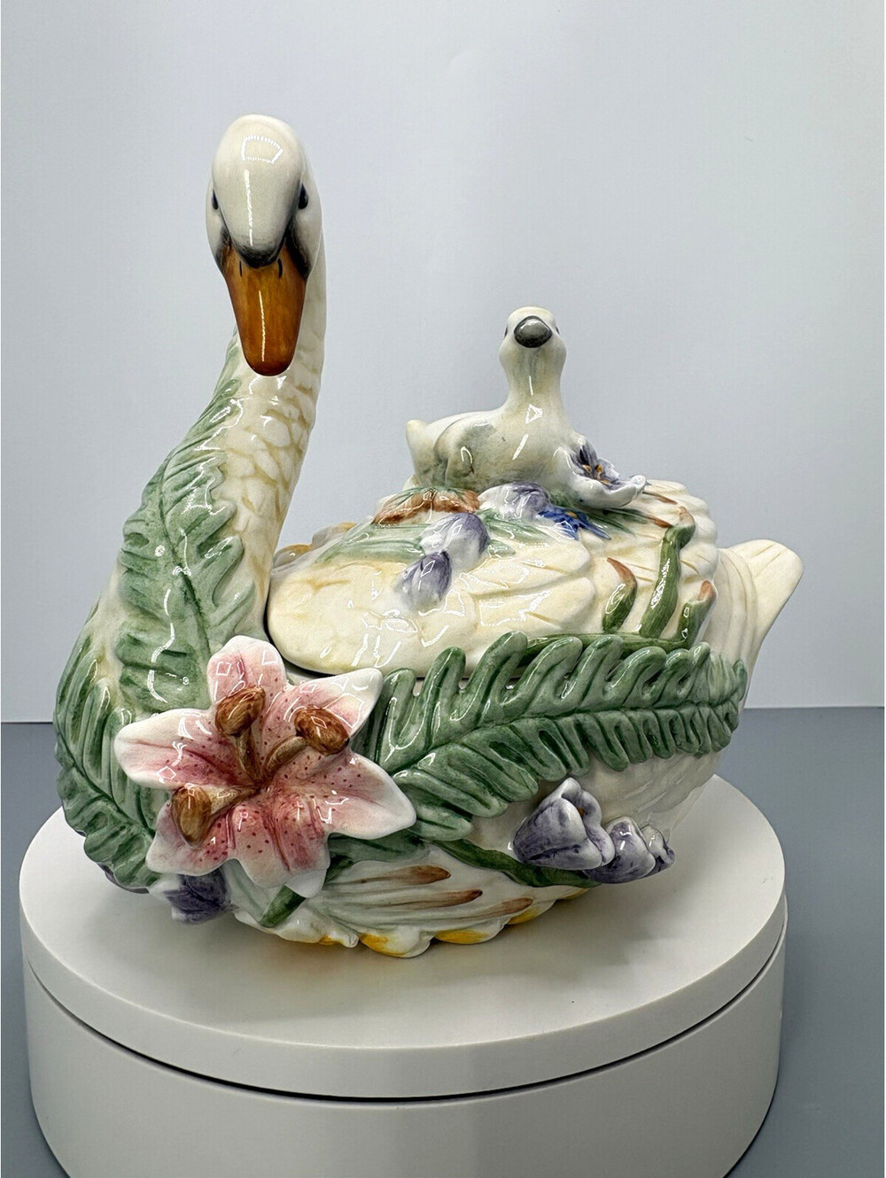 Fitz & Floyd Floral Swan Trinket Box Vintage Repaired